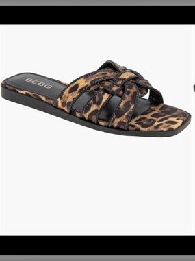 BCBG Leopard-Print Braided Slide Sandals in Brown and Black